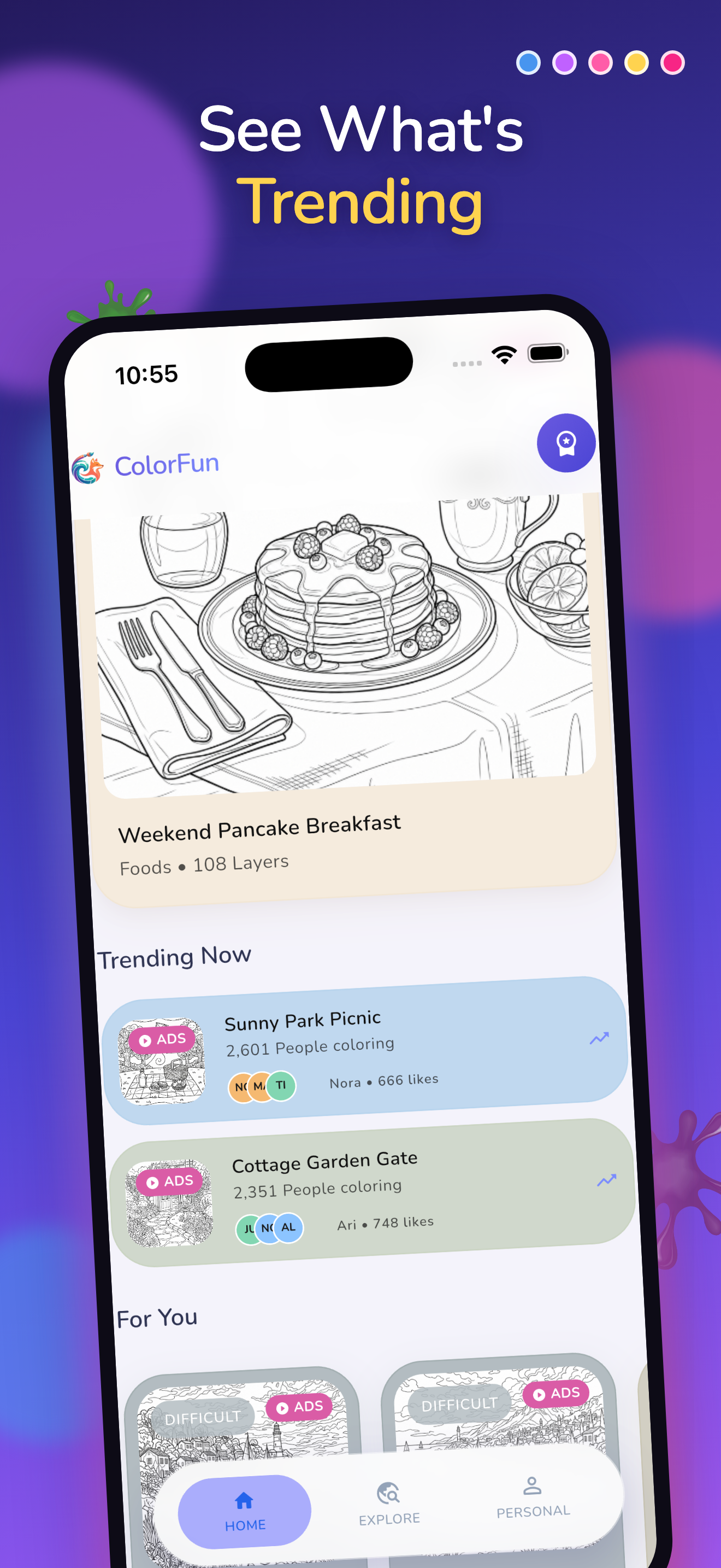 ColorFun home feed with trending artworks